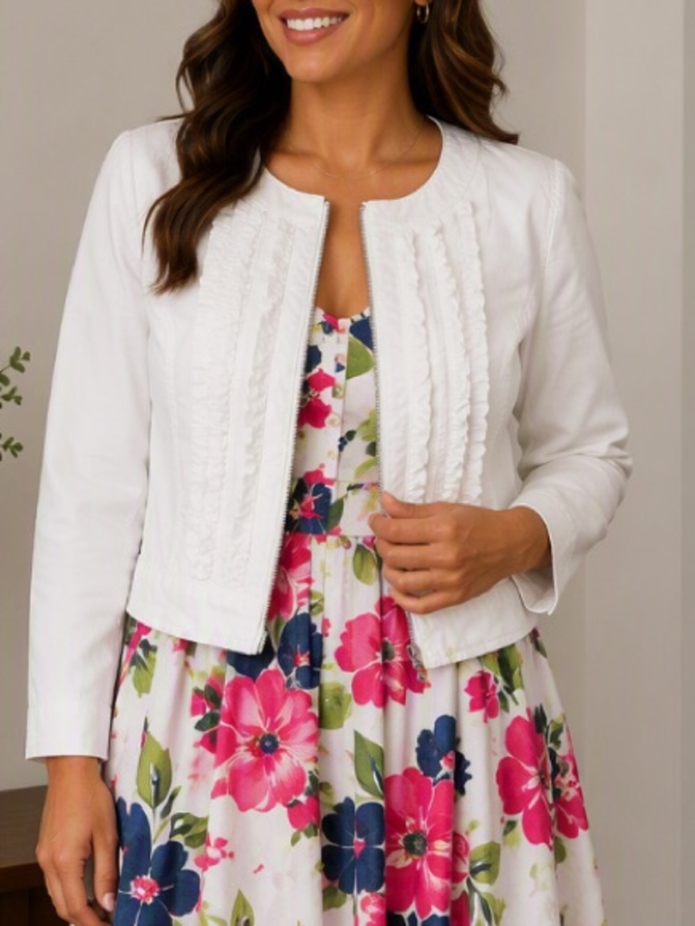 Lane Bryant White Ruffle-Trim Zip Front Jacket
